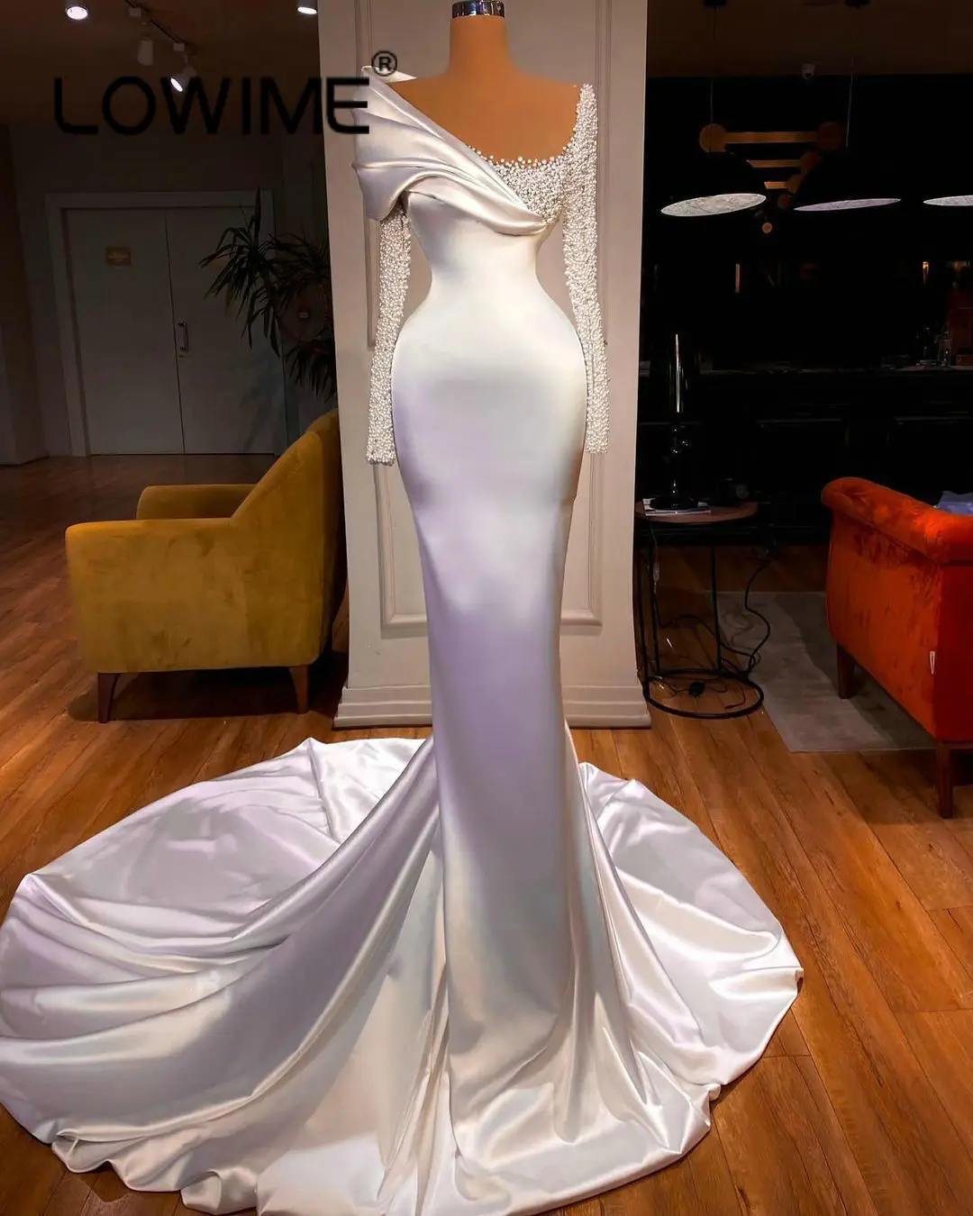 

White Long Sleeves Satin Mermaid Wedding Dresses for Bride 2023 Pearls Pageant Evening Gowns Beauty Dream Bridal Dress