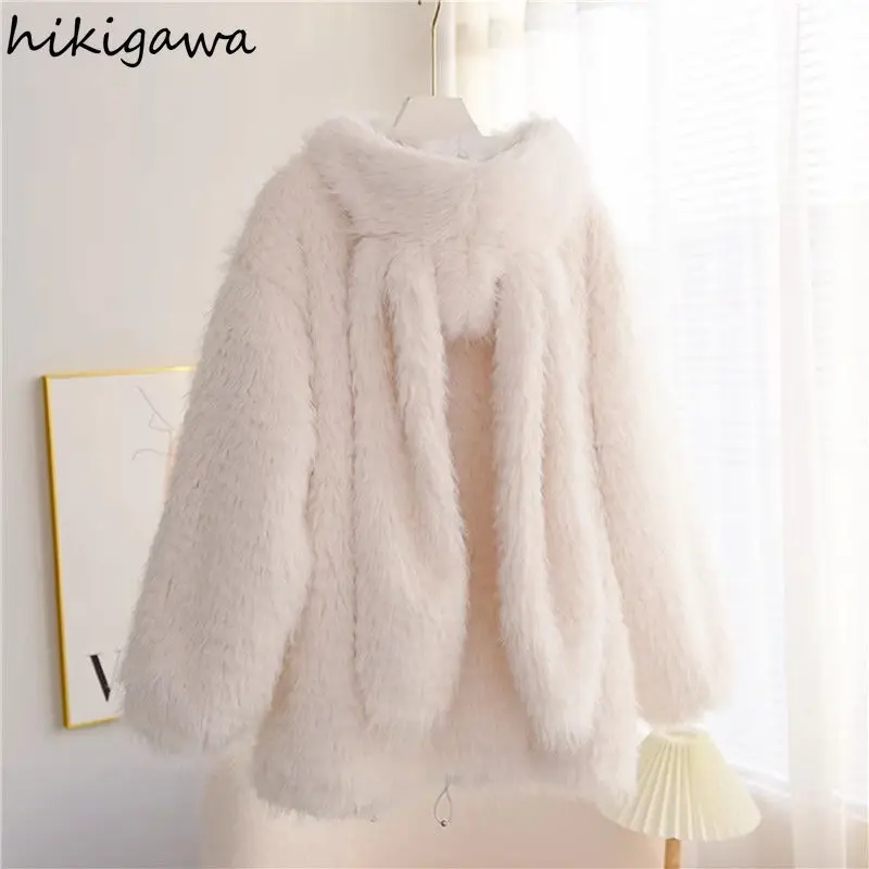 Imitation Lamb Wool Coat for Women 2024 Ropa Mujer Winter Clothing Cute Rabbit Ears Hooded Outwear Fashion Thicked Y2k Jackets