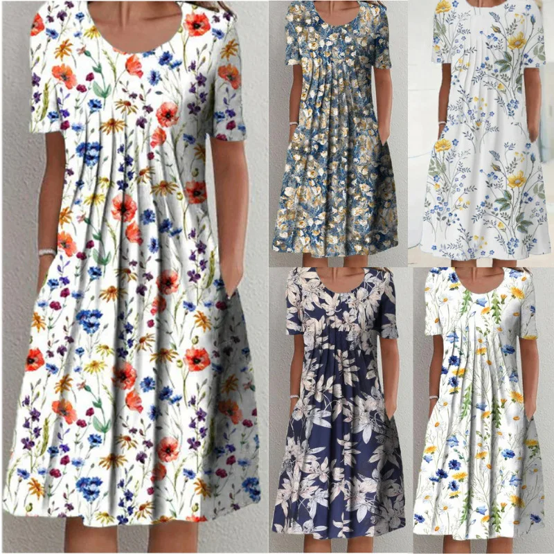 

2023 European and American Large Size Spring/Summer Women's Elegant Swing Skirt Round Neck Printed Short Sleeve Dress