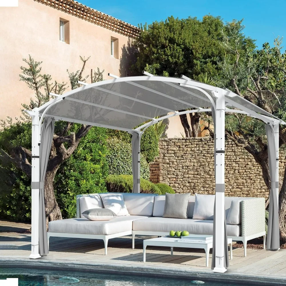 

Outdoor Pergola 11x11, Patio Metal Sunshelter with Sidewall, Arched Roof Pergola Gazebo with Textilene Canopy Shade for Backyard