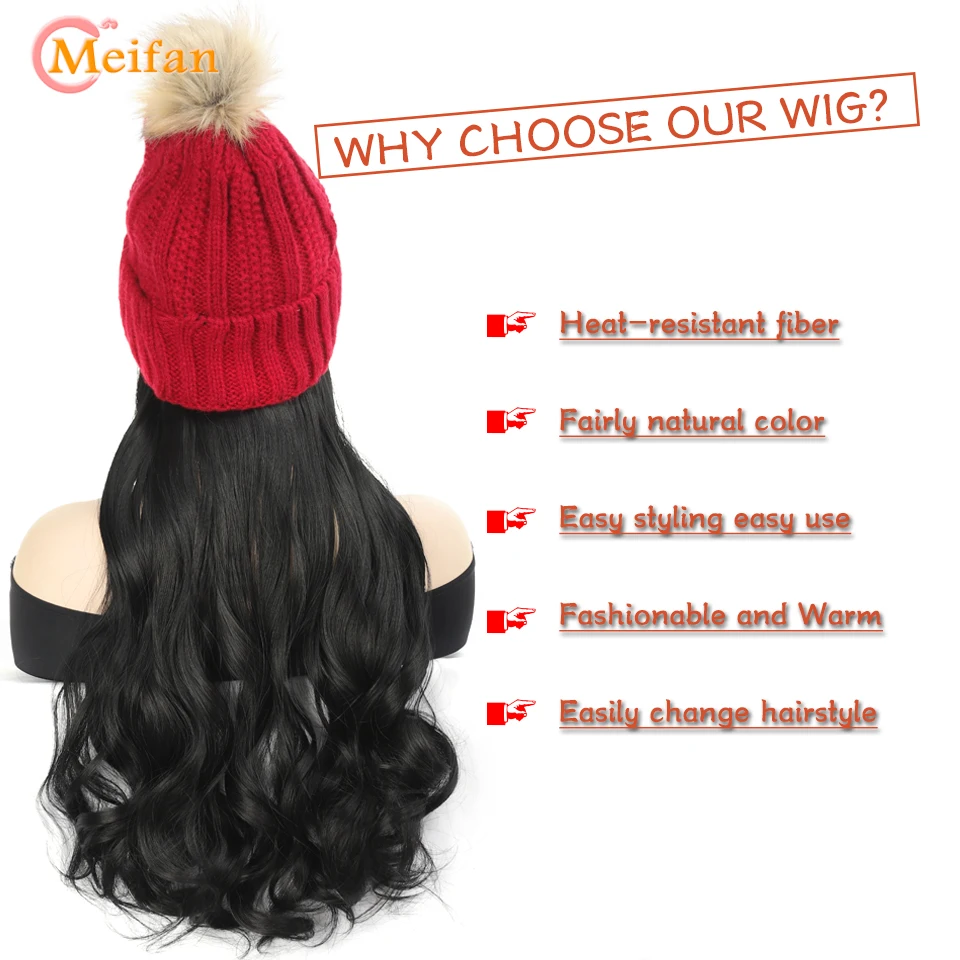 MEIFAN Wig topi merah untuk wanita, rambut palsu alami sintetis panjang keriting berombak hangat dengan topi Wig terintegrasi