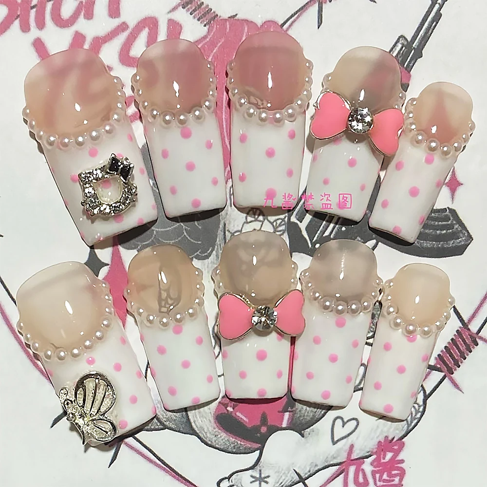 Y2K Millennium White Pearl French Polka Dot Press On Nails Handmade Customized Nail Art Press On Nails