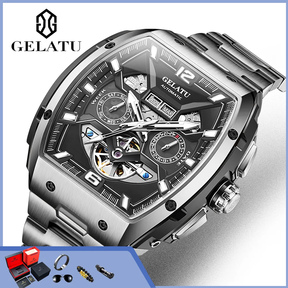 GELATU 6013 Herren-Luxus-Hohl-Automatik-Mechanik-Originaluhr, neues Skelett, wasserdicht, multifunktionale Marken-Herrenuhr