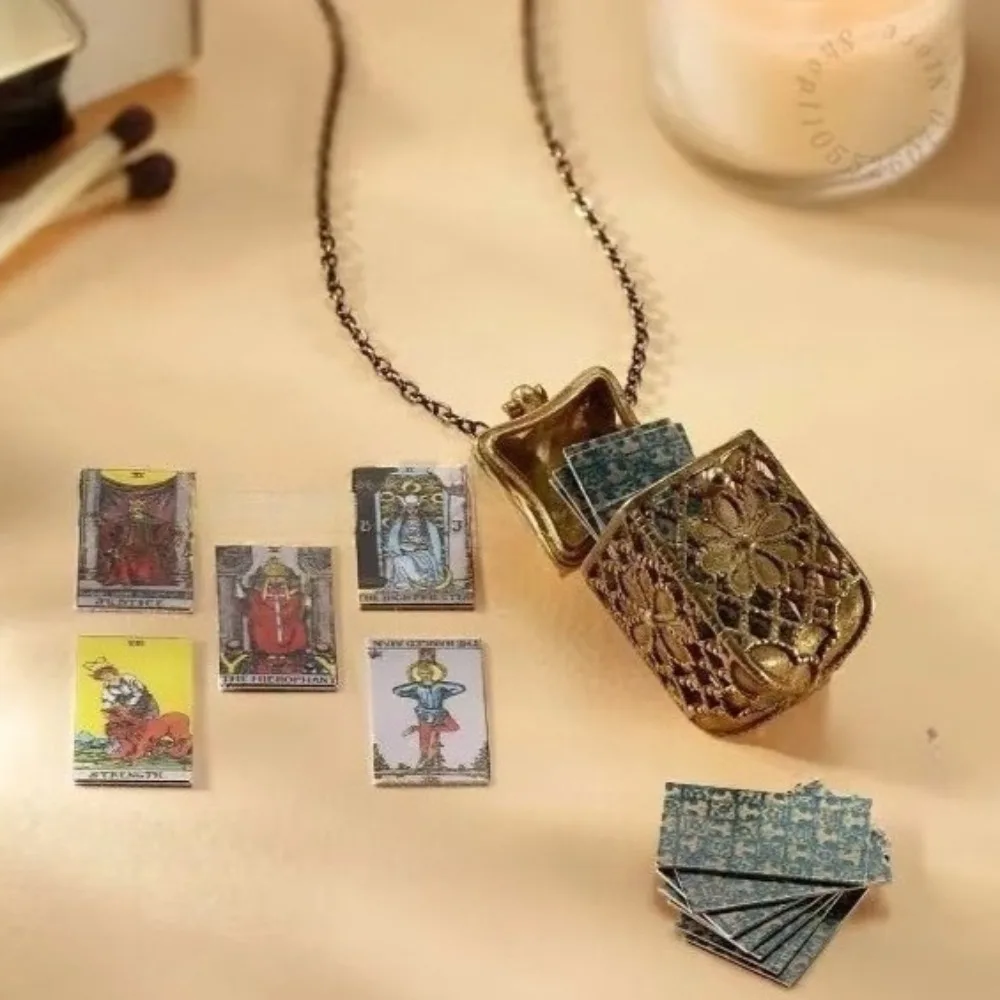Tiny Tarot Card Necklace with 22 Mini - Colorful Cards in Cage Pendant Steampunk for Men Women