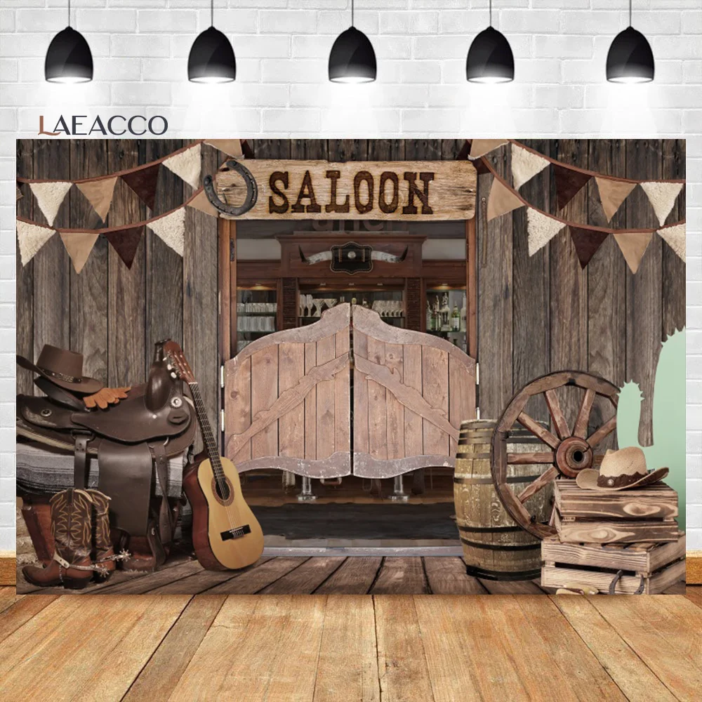 Laeacco West Cowboy Themed Backdrop Boots Hat Wheel Wood Board Saloon Boy Kids Baby Shower Party Portrait Photography Background