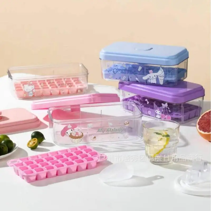 Kawaii Hello Kitty My Melody Kuromi Food Grade Household Press Ice Tray Anime Sanrio Girl's Heart Cute Ice Cube Mold Ice Box