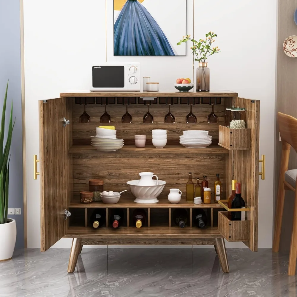 Wine Bar Cabinet with Storage, Liquor Cabinet Kitchen Storage Cabinet with Wine Rack and Glass Holder