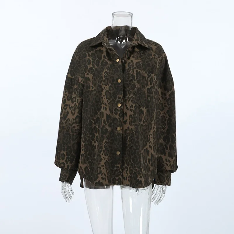 New Cross-border Fashion Women Autumn Europe America Retro Leopard Print British Style Versatile Lapel Long-sleeved Casual Coat