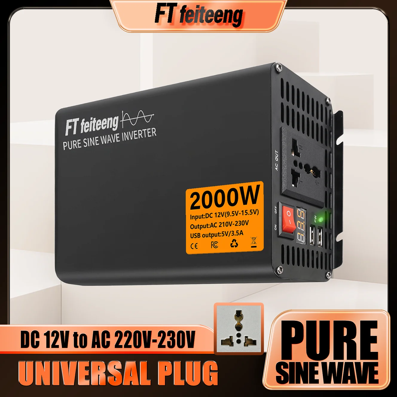 

FT feiteeng 2000W Pure Sine Wave Power Inverter 12V to 220V Universal Plug for Home Car RV Truck Overload Protection Cooling Fan
