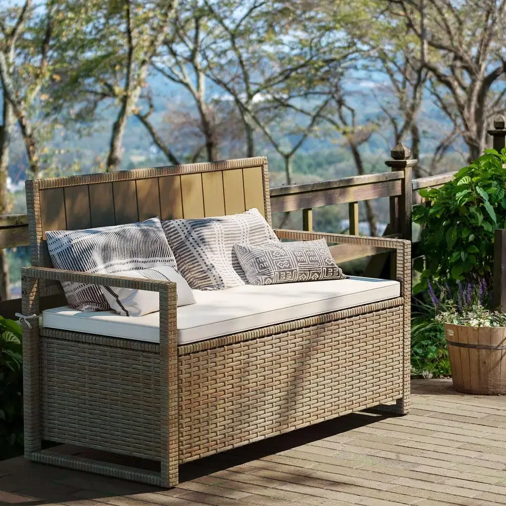 กลางแจ้ง PE หวาย Storage Bench กล่อง 70 แกลลอนพร้อมเบาะรองนั่งทุกสภาพอากาศหวายที่นั่ง Patio เฟอร์นิเจอร์เก็บสระว่ายน้ําสวน