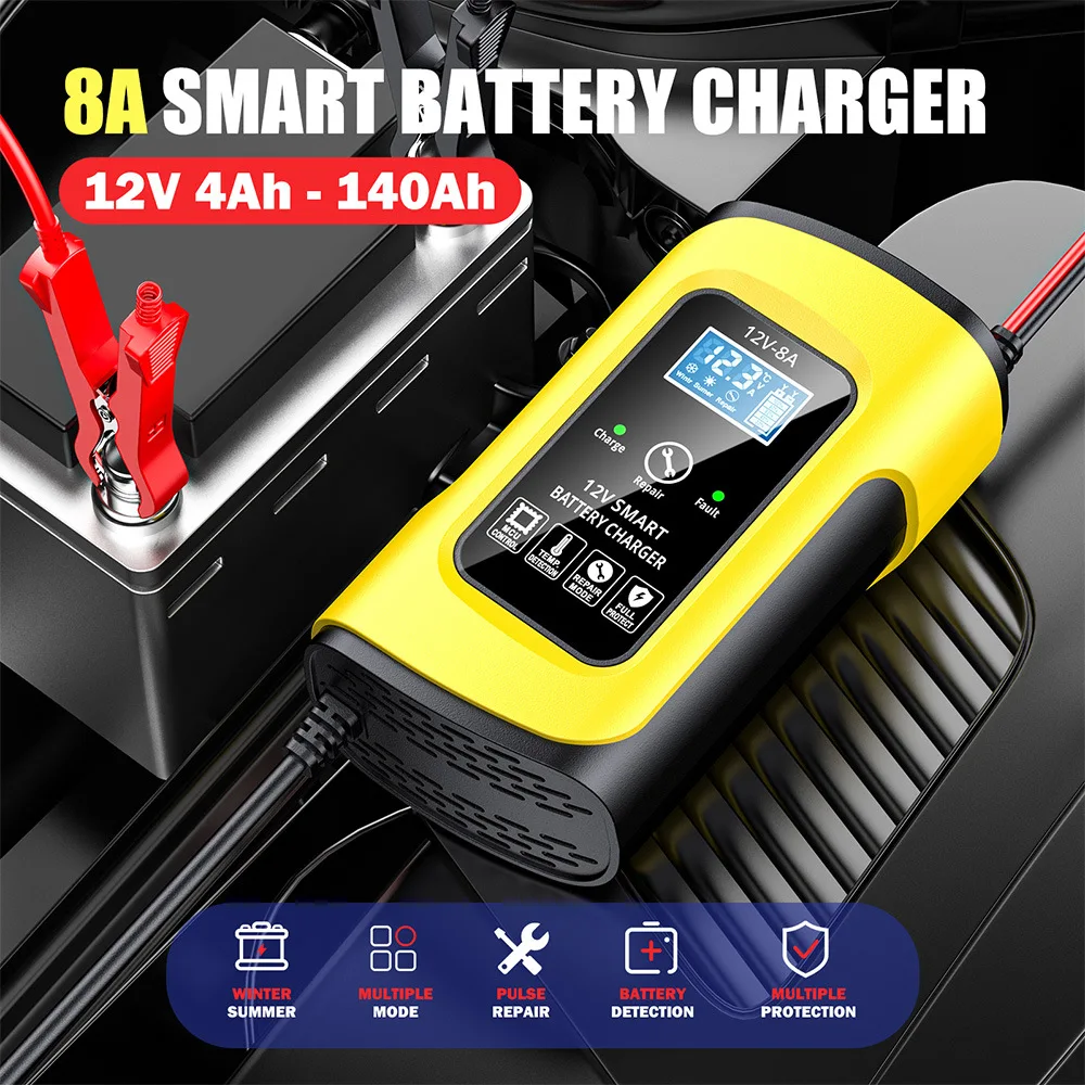 12V 8A Full Automatic Intelligent Smart Battery Charger for SUV Car GEL Lead-Acid WETF Battery Charge Pulse Repair LCD Display