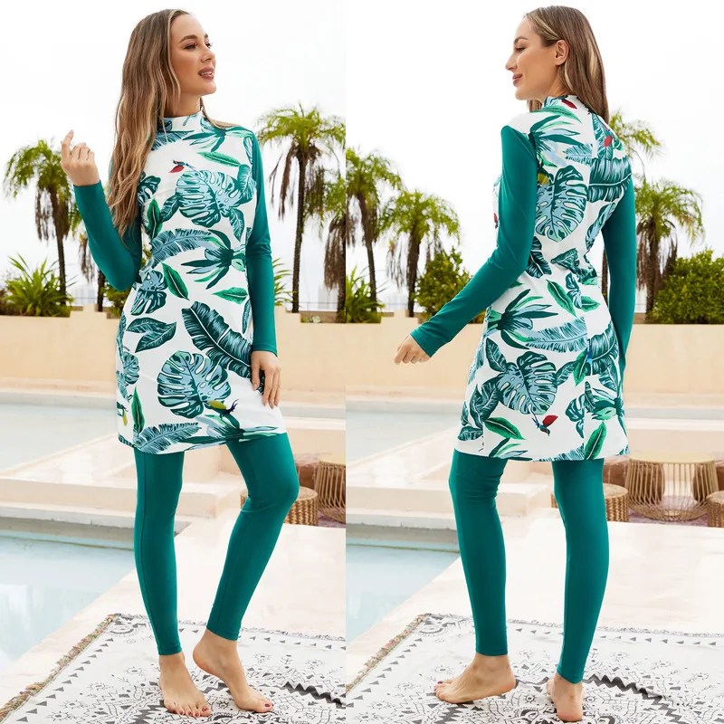 3pcs Set Swimwears Women Printed Stretch Full Cover Hijab Long Sleeves Sport swimming Togs Lslamic Burkinis Wear Bathing Suit