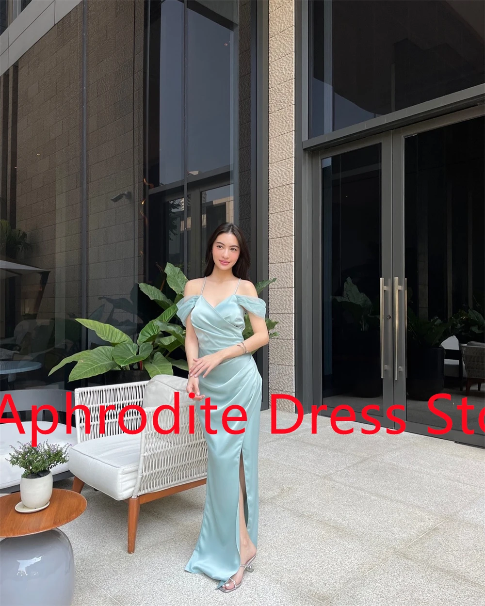 فستان سهرة من الساتان الأخضر رشيق مخصص موضة قبالة الكتف السباغيتي الأشرطة بلا أكمام فستان الحفلات مثير Pr #5