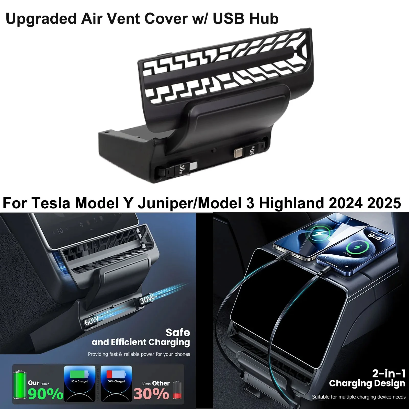 

For Tesla Model 3 Highland 2024 2025 Car Air Vent Cover w/ USB Hub Fast Charger 60W For Tesla Model Y Juniper 2025 2026