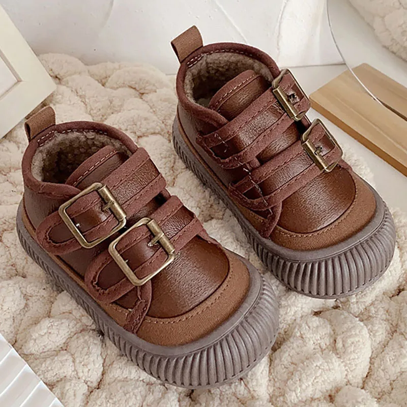 Autumn Winter Leather Shoes For Children PU Leather Vintage Cotton Shoes For Kids Anti-slippery Soft-soled Boy's Girl's Boots