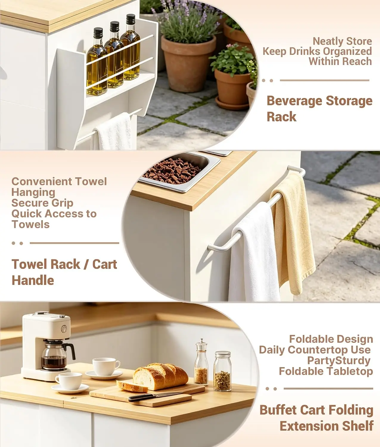 Rolling Charcuterie Cart with 9 Steel Pans, Wooden Buffet Cart with Bottle Rack & Foldable Surface, Customized