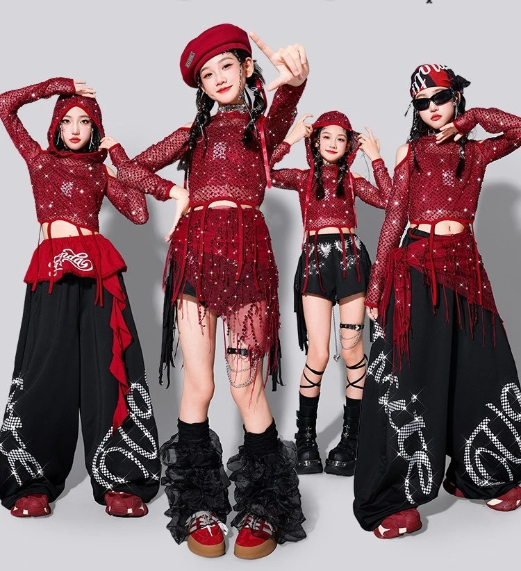 Girls Kpop Sequin Crop Hoodies Cargo Pants Street Dance Shorts Child Hip Hop Costume Kids Streetwear Jazz Girl Group Clothes Set