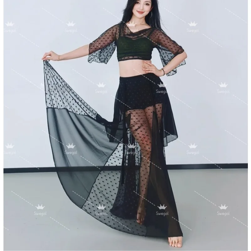 customized swegal 2pcs women belly dance costumes practice outfit with polka dot mesh insert and large swing skirt set
