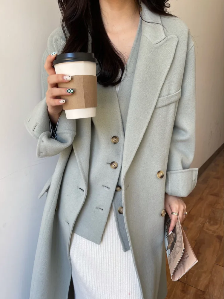 LANMREM Luxury Woolen Coat For Women Double-sided Cashmere Coats Two Pieces Matching Female Long Length Fashion Clothing 2R8142