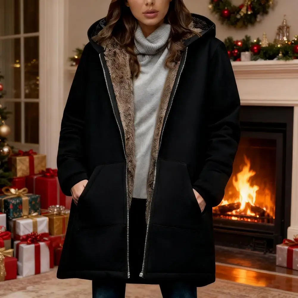 Thicken Winter Warm Women Fleece Jacket Autumn Winter Fleece Collar Sherpa Lined Hooded Long Sleeve Women's Jacket Coat