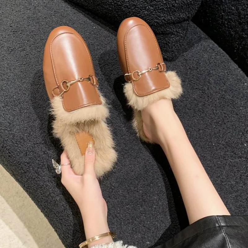 mules women\'s 2024 Winter Women warm Slippers Band Slides Non-Slip Cotton Furry Women Flip Flops chinelos sandalia plana