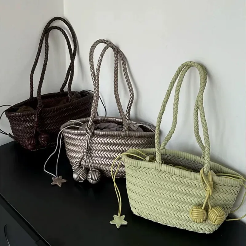 

Handmade Woven Tote Bag Women Vintage 2in1 Drawstring Shoulder Underarm Basket Elegant Casual Commuter Vegetable Without Pendant