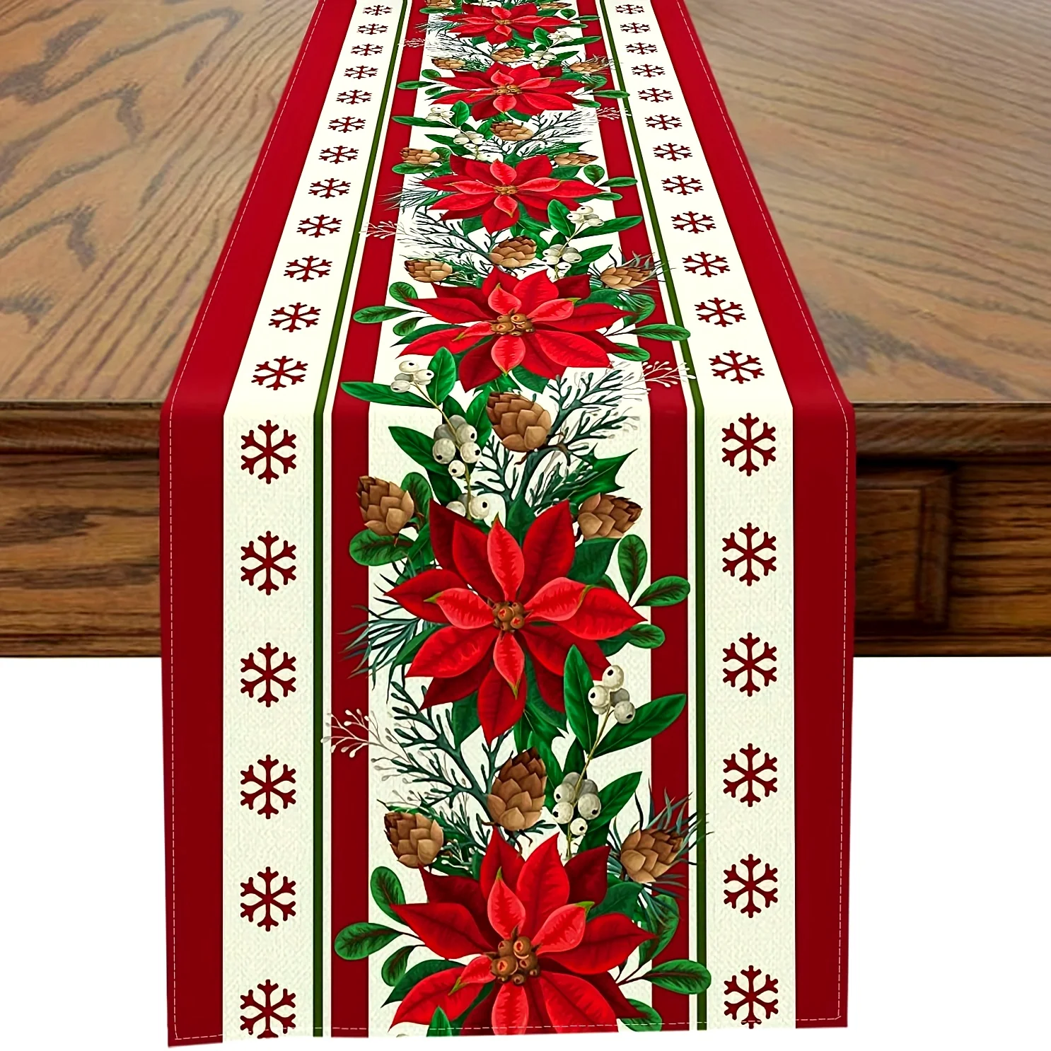 Christmas Poinsettia Snowflakes Linen Table Runner Home Decor Winter Xmas Pine Cone Kitchen Dining Table Runners Christmas Decor