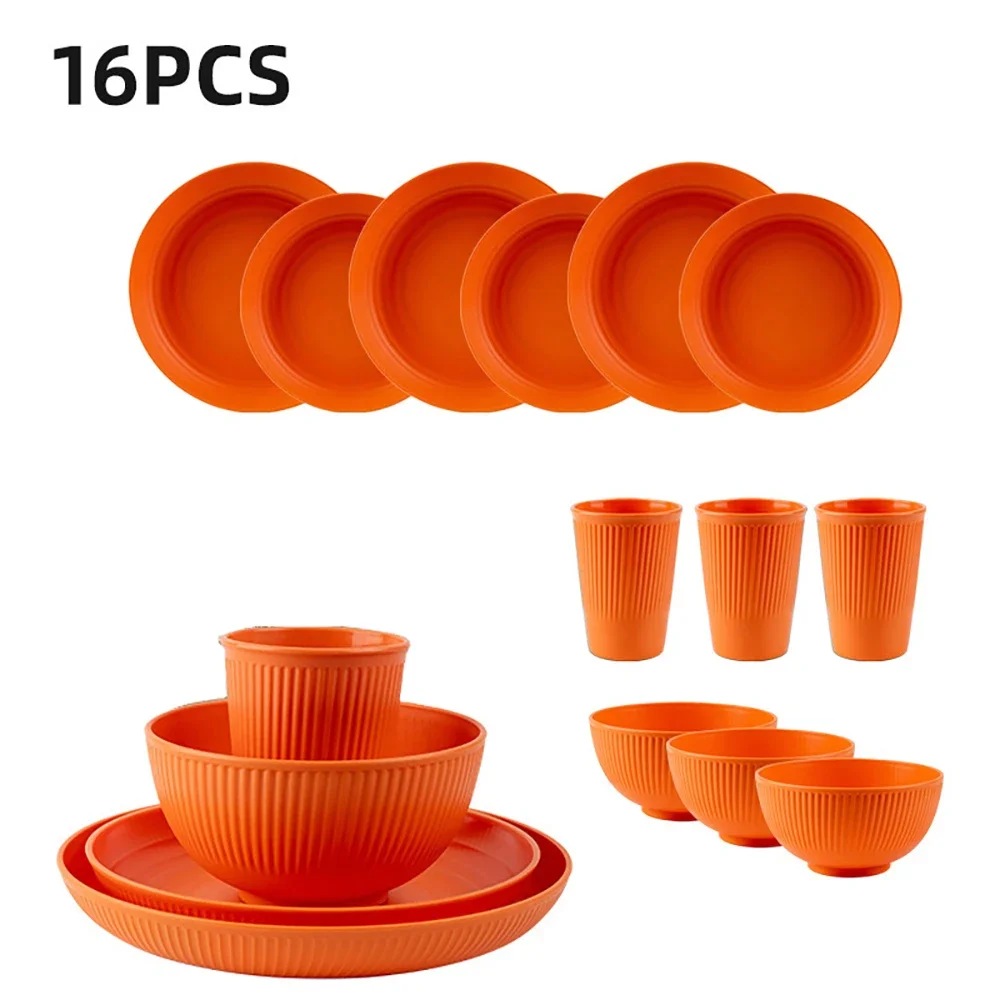 16-teiliges Geschirr-Set, inklusive Teller, Schüsseln, Tassen für Zuhause, Familientag, Camping, Picknick, Party, Küchenbedarf