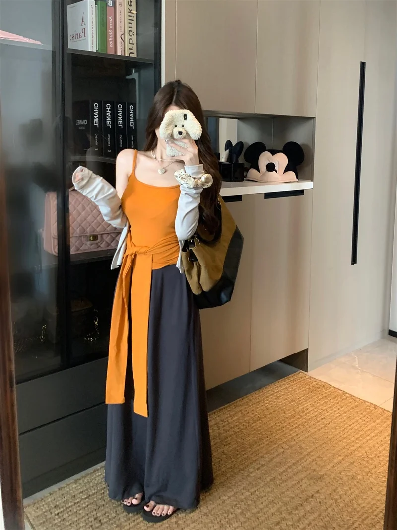 

Kumikumi Anti-Aging Long Sleeve Open Cardigan Jacket Vest Strap Women's Spring Skirt Long Dress Three-Piece Set