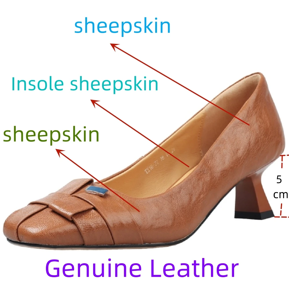 【JOCHEBED HU】Women's Handmade Genuine Leather Commute Comfortable Single Square Head Mid Heel Shoes