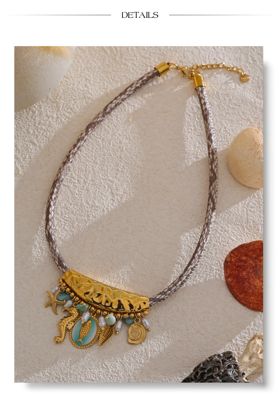 Yhpup Exklusives Design, handgefertigter Schmuck, Perlen im Ozean-Stil, Seestern, Muschel, Fischtropfen-Halskette, exquisiter Edelstahl-Schmuck – Detail 16