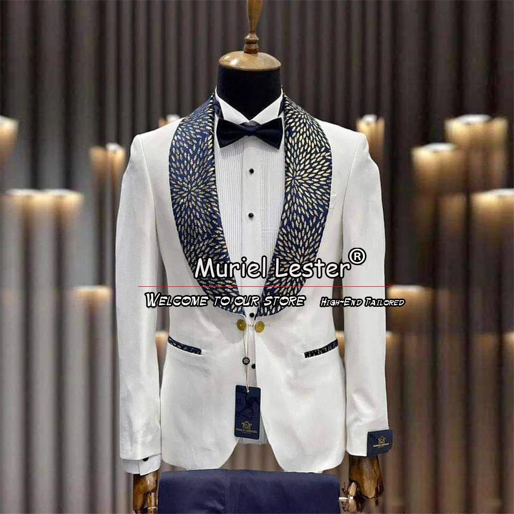 

Groom Wedding Suits Fit Slim Navy Beading Lapel White Jacket Pants 2 Pieces Bridegroom Custom Tuxedos Male Fashion Prom Clothing