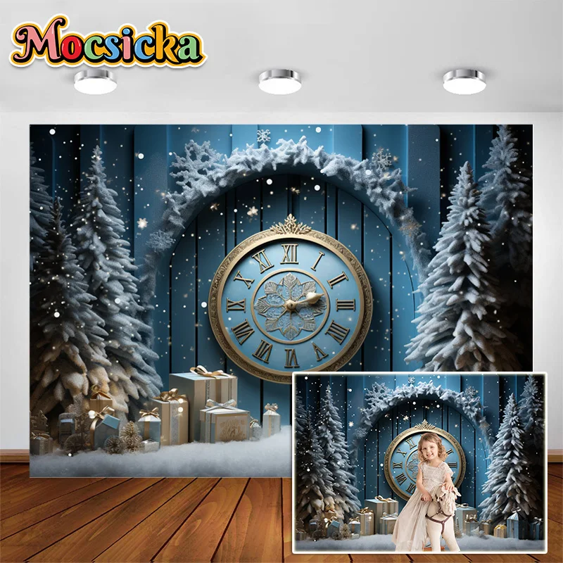 Christmas Clock Backdrop Celebrate New Year Party Banner Xmas Tree Snowflakes Gift Boxes Decoration Backgrounds Photo Studio