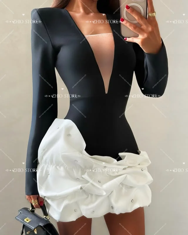 Zhi alta qualidade contraste cor feminina manga longa sexy plissado bodycon mini vestido bandagem celebrar festa à noite vestido de aniversário