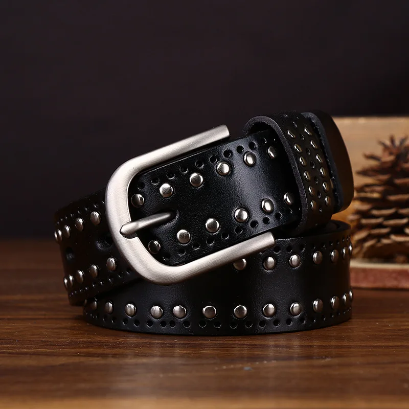 

3.2 Cm Pure Cowhide Genuine Leather for Men Women High Quality Pin Buckle Belts Cowboy Waistband Male Rivet Punk Jeans Strap