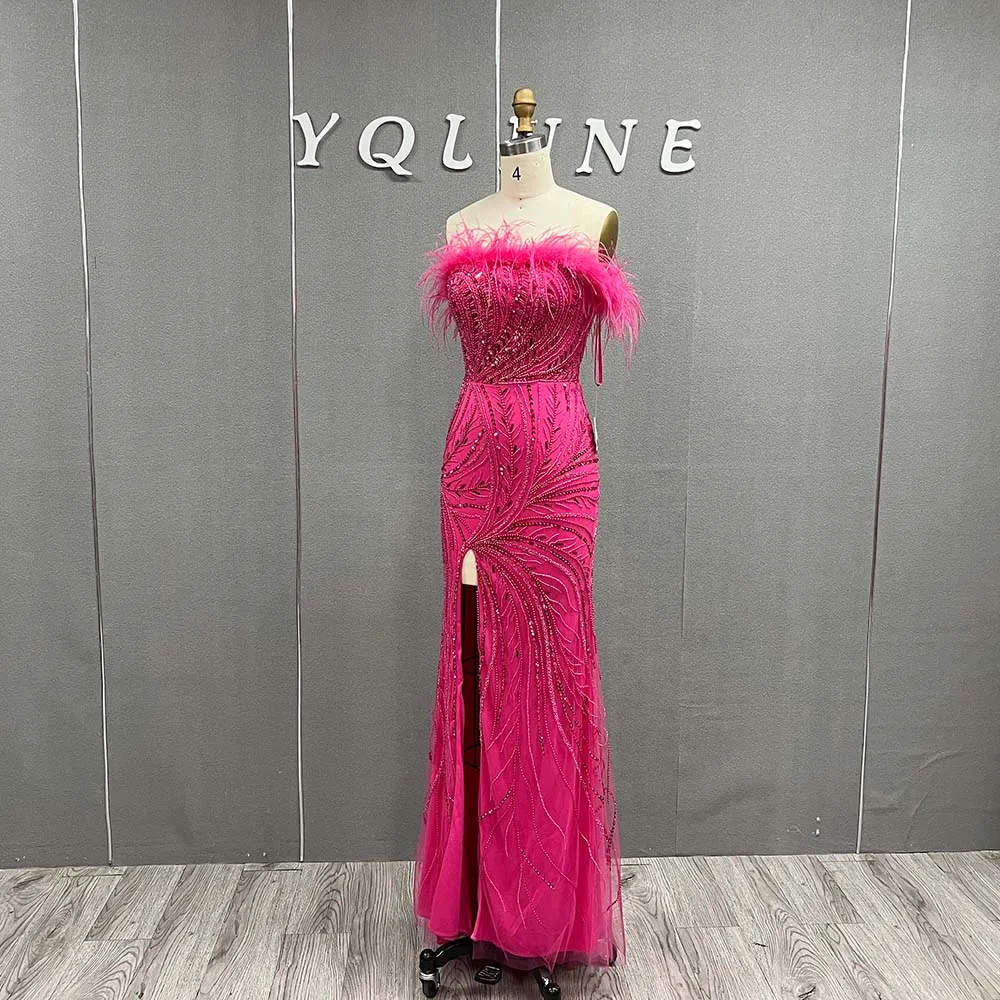 YQLNNE Fuchsia Feathers Slit Evening Dresses Removable Side Drape Tulle Beaded Strapless Formal Party Gown Mermaid