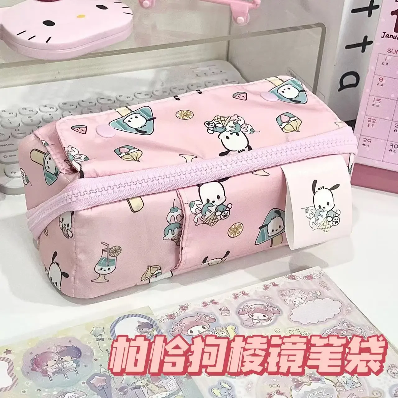 Kawaii Sanrio Pen Bag Pochacco Cute Anime Print Large Capacity Girly Heart Student Simple Double Layer Multifunctional Pen Case