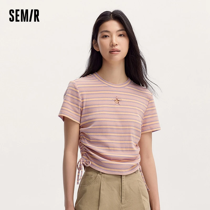 Semir Short-Sleeved T-Shirt Women Short Length Star Cut-Out Design 2024 Summer New Slim-Fit Drawstring Striped Top