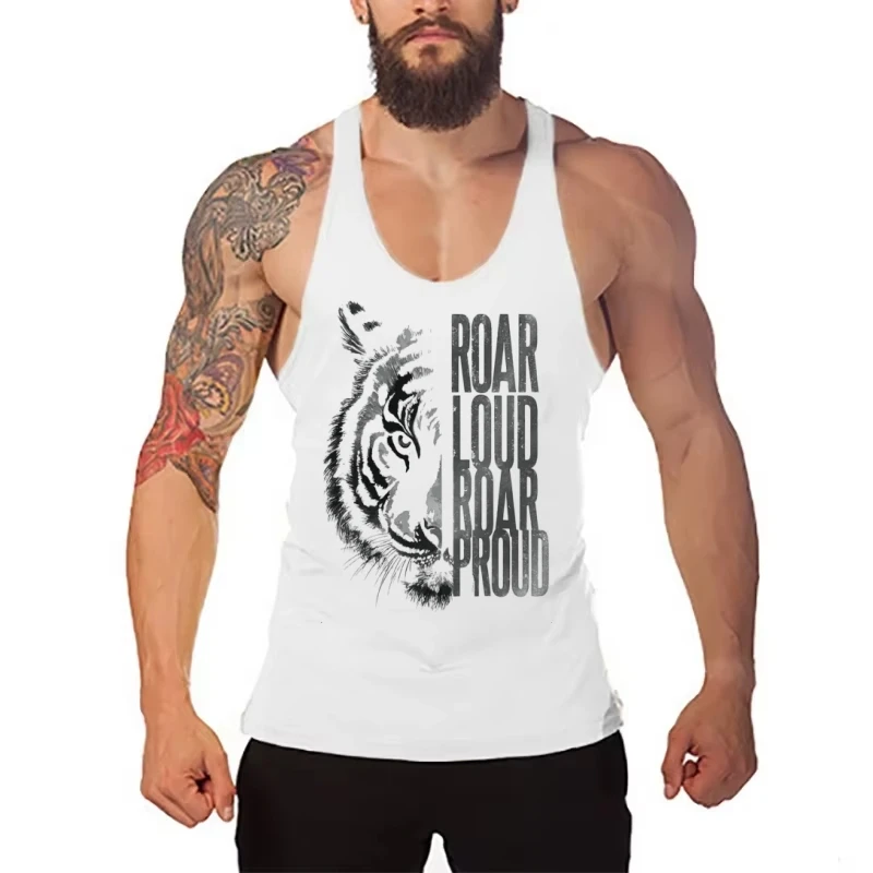 Men's Tiger Graphic Y Back Stringer Vest - Cotton Sleeveless Top for Summer Gym, Bodybuilding, Fitness & Workout Muscle Clothing