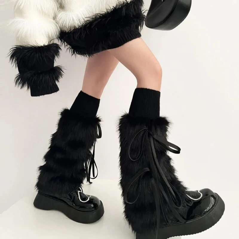 New Year Autumn and Winter Striped Leg Coverings, Mid-calf Y2k Thick Rabbit Fur Sock for Hot Girls, White, Warm for Women