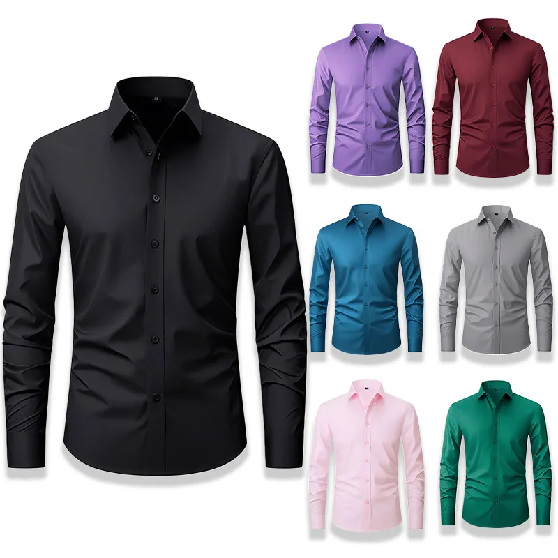High Elasticity Fashion Comfortable Business Shirts For Men Long Sleeved Slim Fit Casual Solid Social Formal Dress Plain Blouses