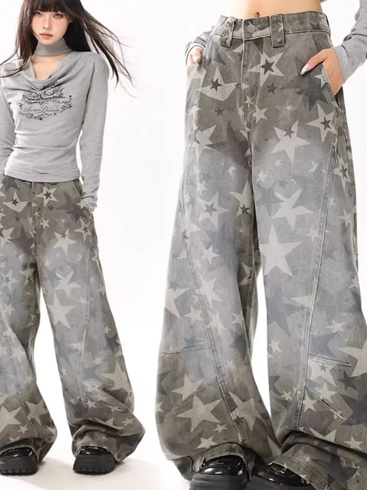 

Unisex Jeans American High Street Design Star Print Loose Straight Pants Camouflage Cargo Wide Leg Jeans For Men And Women