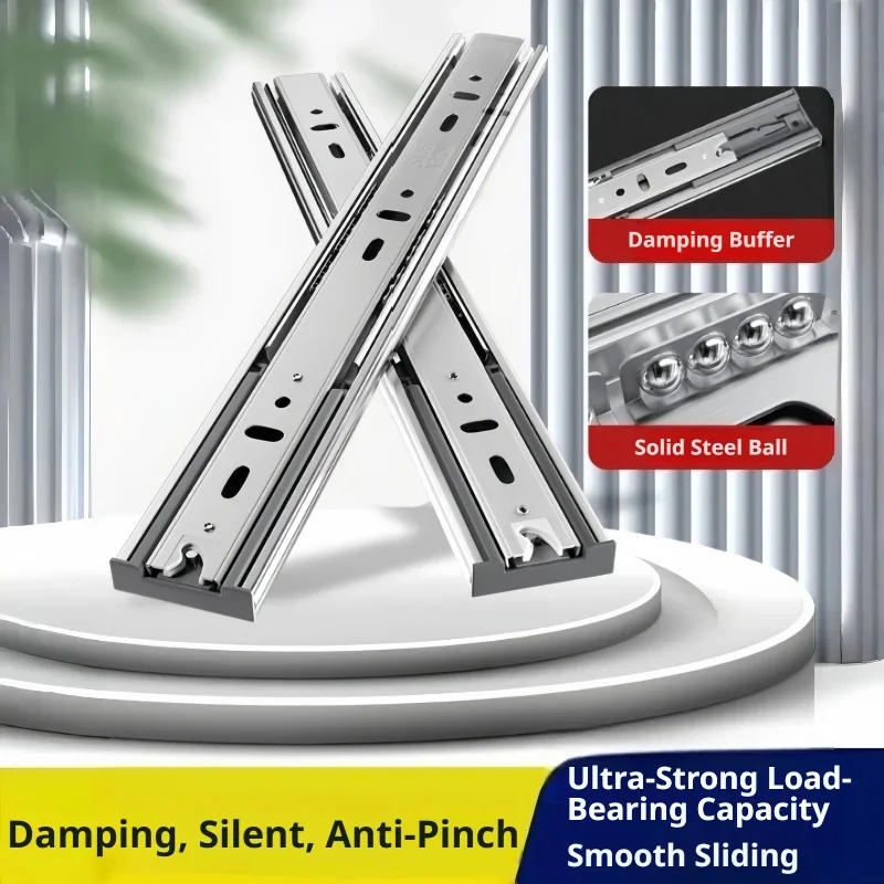 Quiet Damping Buffer Drawer Slides, Reinforced Stainless Steel 3 Fold Guide Rail for Rebound Wardrobe Cabinet