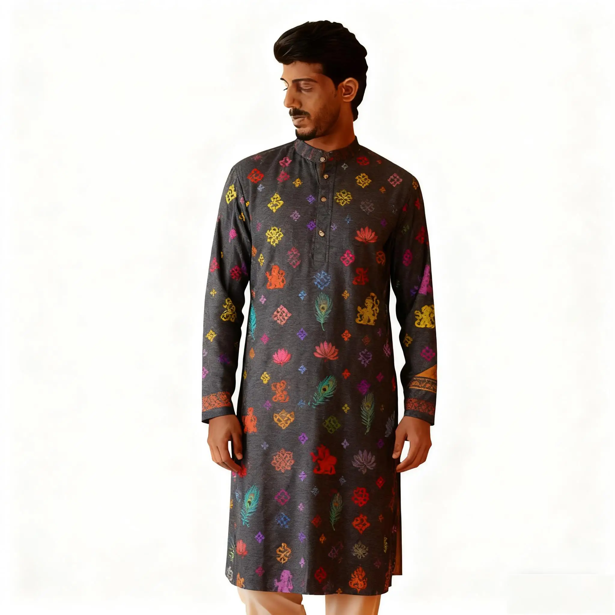 新メンズデジタルプリントクルタヴァルダレギュラーフィットマンダリンカラーロング丈あらゆる場面に適したジャバドールモロッコ男性ムスリム男性