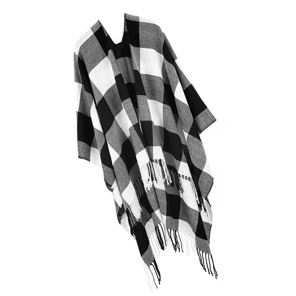

Imitation Cashmere Shawl Women Poncho Open Front Cape Plaid Pattern Knitting Warm Winter Fits All Sizes Thick Cozy Scarf