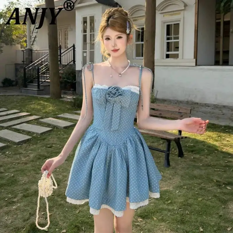 

ANJY Summer New Women French Style Sexy Polka Dot Floral Sleeveless Strap Dress Lace Patchwork Pleated A-Line Ins Dresses A23944