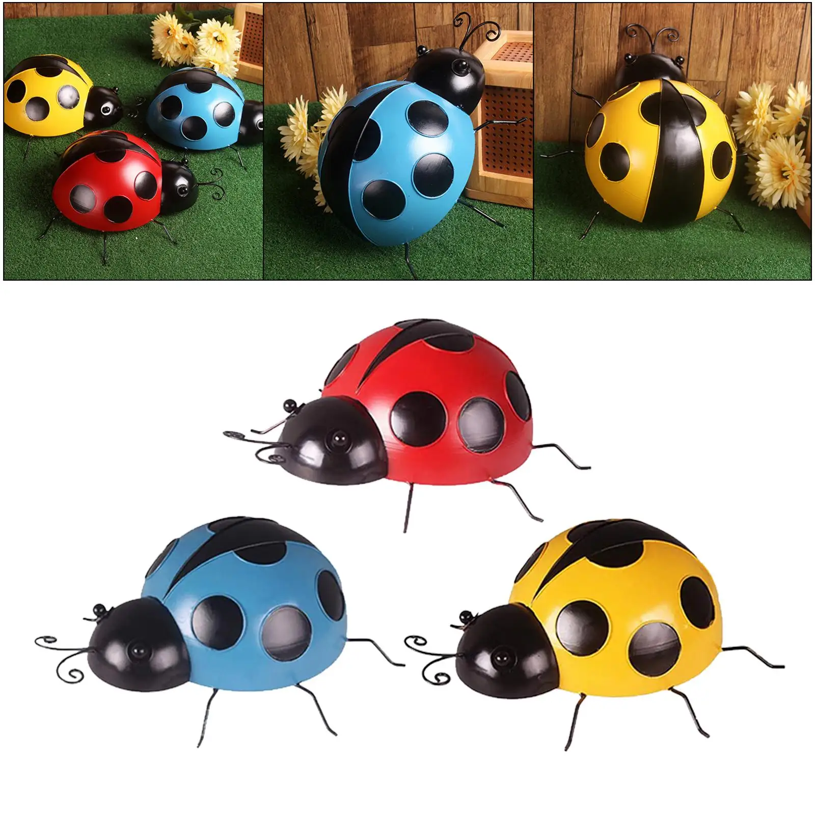 3x Cute Iron Ladybird Sculpture Wall Art Ladybug Fence Kindergarten Decor