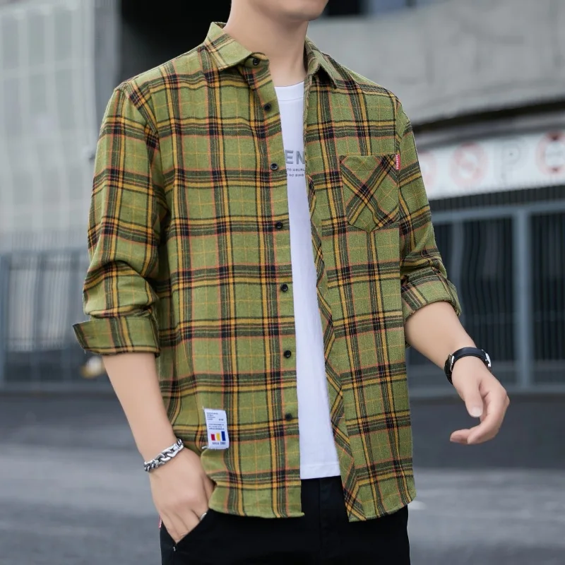 

Casual Plaid irt Men's Long Sve Thin Sle Korean Faion Loose Summer Outerwear Spring Autumn Seasonal Wear Polyester B...