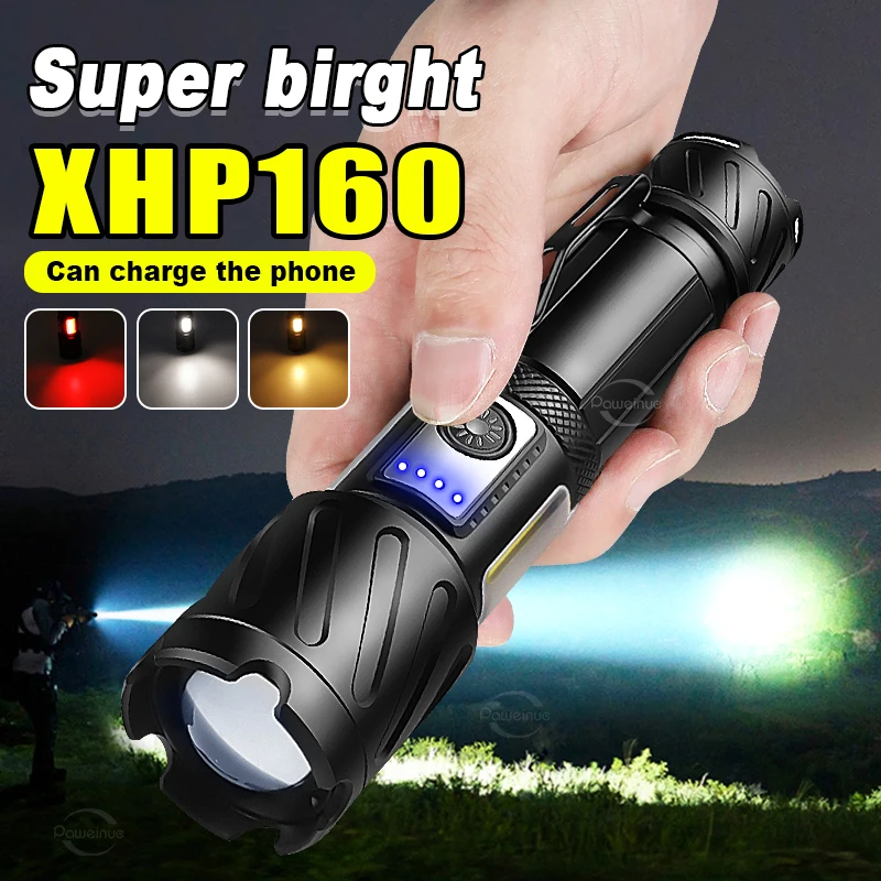 Mais novo xhp160 poderosa lanterna de alta potência tático tocha usb recarregável led 18650 ímã cauda metal clipe lanterna