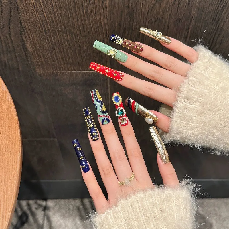Hand Painted Extra Long Stiletto Press On Nails, Customizable Glam 3D Gemstone False Nail Tips For Evening Formal Occasions